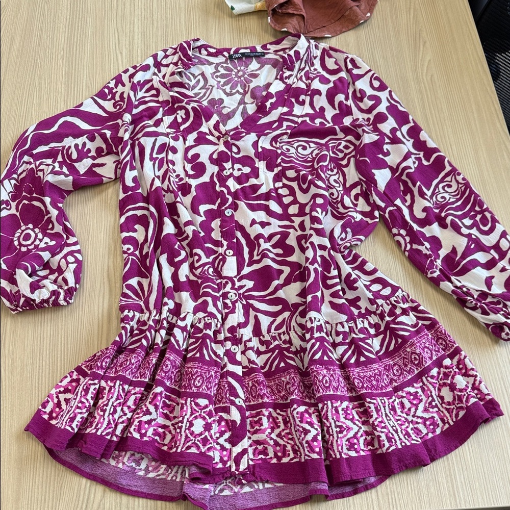 Zara long sleeve mini dress with purple pattern